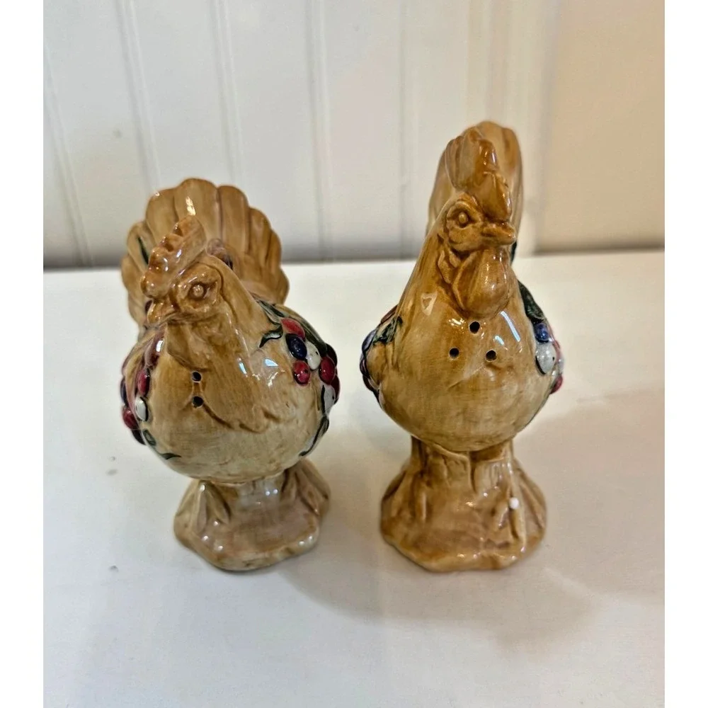 Fitz And Floyd Tuscan Villa Rooster Salt Pepper Shakers Set‎ Ceramic Brown